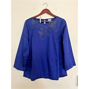 Chico's Blue Beaded Embellished 3/4 Wide Sleeve Cotton Blend Blouse SZ 1 M
